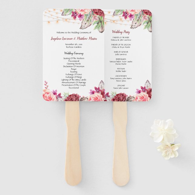Boho Rose Feathers Lights Wedding Program Fächer (Vorne und Hinten)