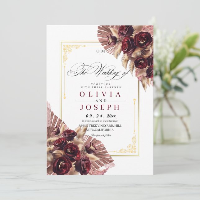 Boho Rose Floral Rustikale Hochzeit Einladung (Stehend Vorderseite)