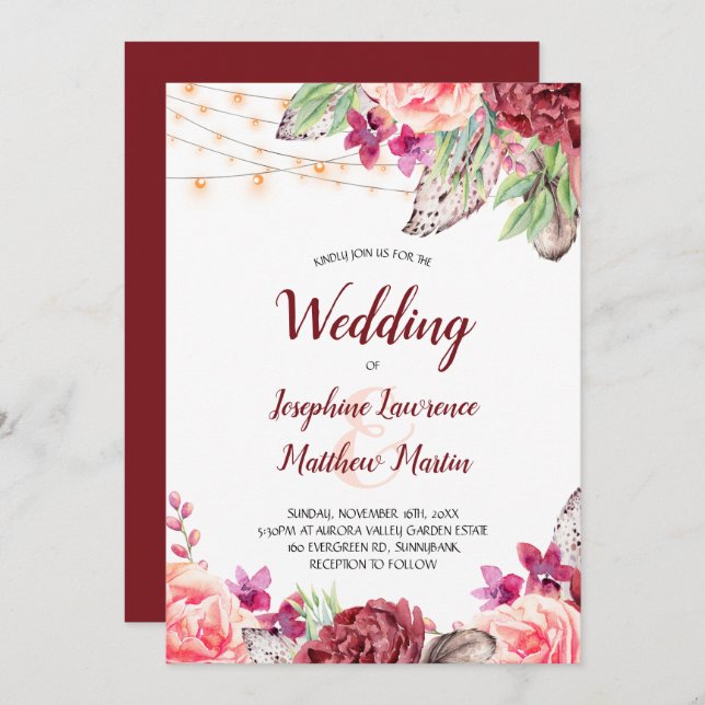 Boho Rose fühlen Lights Wedding Einladung (Vorne/Hinten)