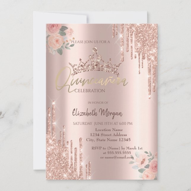 Boho Rose Glitzer Kronplatz Quinceañera Einladung (Vorderseite)