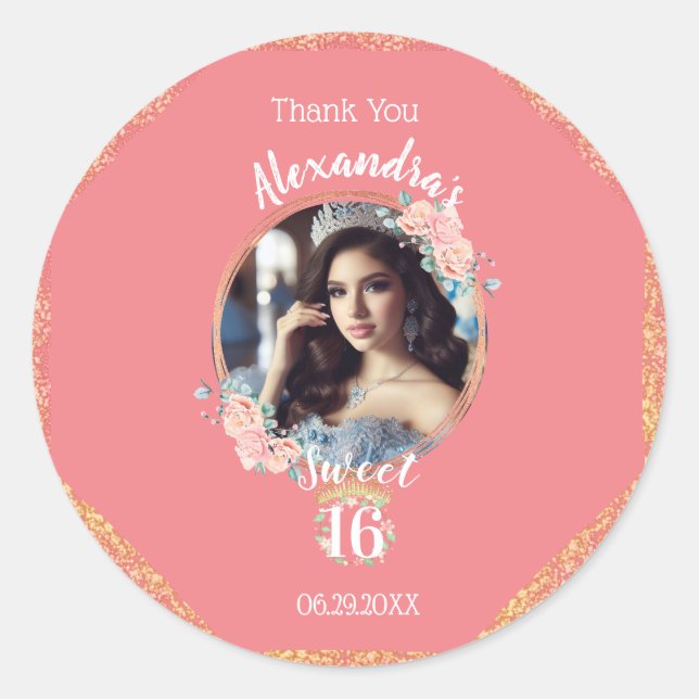 Boho Rose Gold Custom Foto Sweetsechteen Vielen Da Runder Aufkleber (Vorderseite)