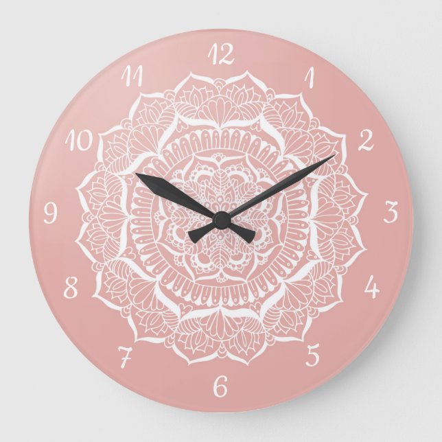 Boho Rose Gold Mandala Art Große Wanduhr (Vorderseite)