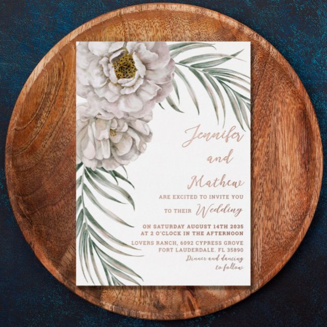 Boho Rose Gold Script Tropical Floral Wedding Folieneinladung (Von Creator hochgeladen)