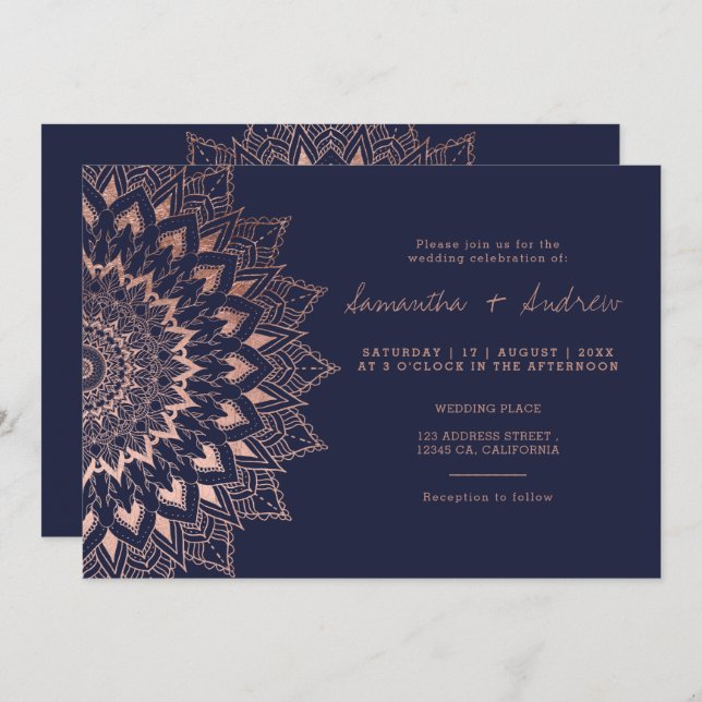 Boho Rose Goldblume Spitzen Mandala Hochzeit Einladung (Vorne/Hinten)