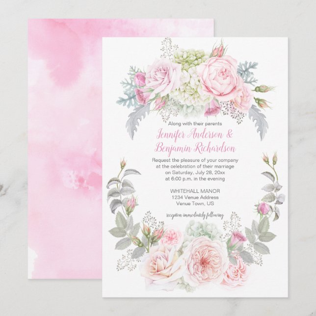 Boho Rose Hydrangeas Floral Wedding Einladungen (Vorne/Hinten)