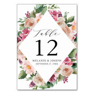 Boho-Rosé & Rosa Frühlings-Aquarell-Blumenhochzeit Tischnummer