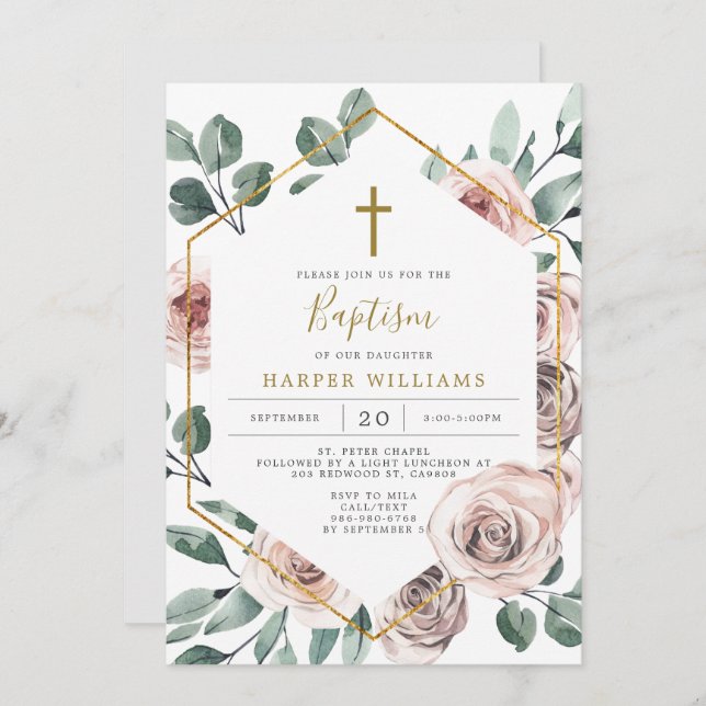 Boho Rose Taufe/Christening Einladung (Vorne/Hinten)