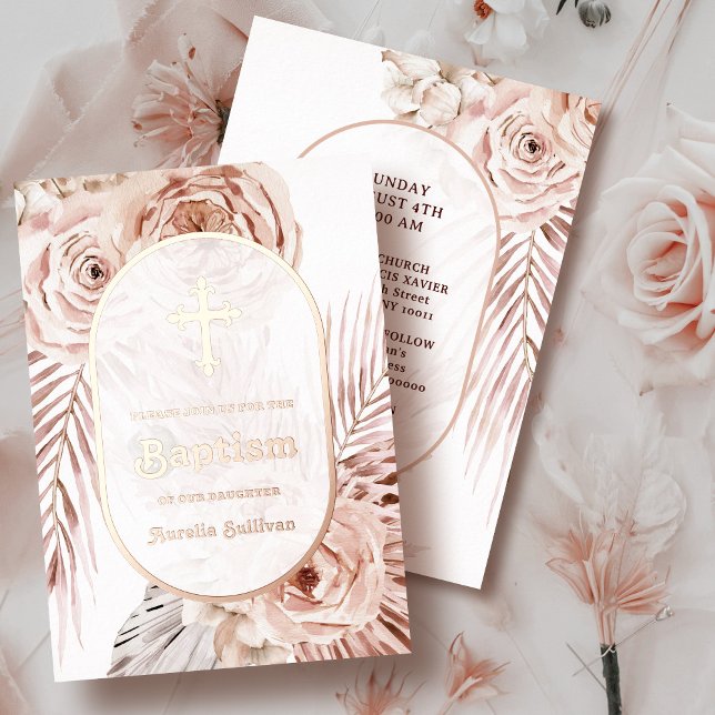 Boho Rose Taufen Foil Einladung (Von Creator hochgeladen)