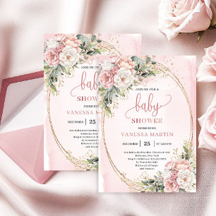Boho Roségold Blumen Eukalyptus Mädchen Baby Showe Einladung