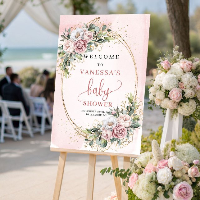 Boho Roségold Florales Babyshower-Willkommensschil Poster (Boho Rose Gold Floral Baby Shower Welcome Sign)