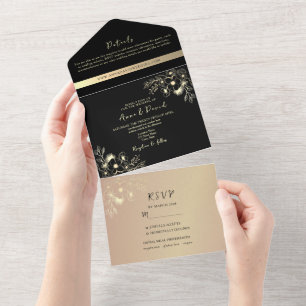 Boho-Roségold- und schwarze Hochzeit All In One Einladung