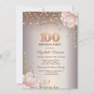 Boho-Rosen, Lichterkette Glitter 100. Geburtstag Einladung