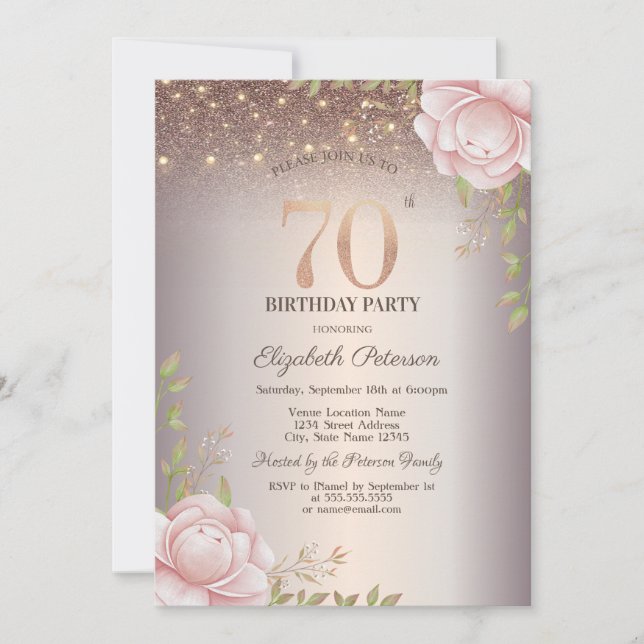 Boho-Rosen, Lichterkette Glitter 70. Geburtstag Einladung (Vorderseite)