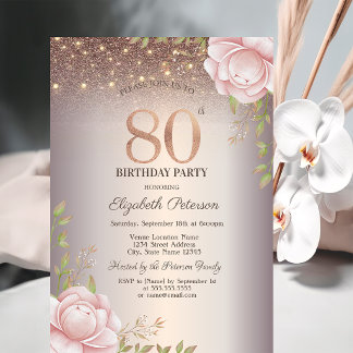 Boho-Rosen, Lichterkette Glitter 80. Geburtstag Einladung