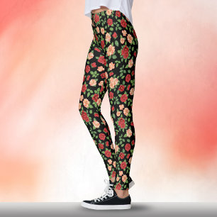 Boho-Rosen Rot und Pink Wasserfarben Blumen Schwar Leggings