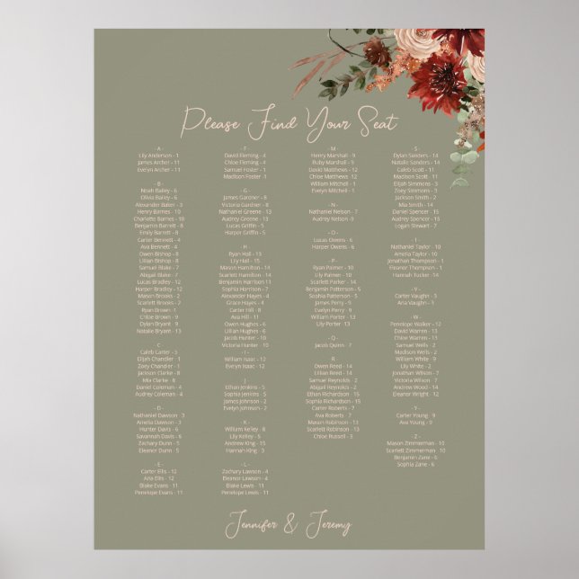 Boho-Rost-Neutrales Herbst-Blumen-Hochzeits-Sitzpl Poster (Vorne)