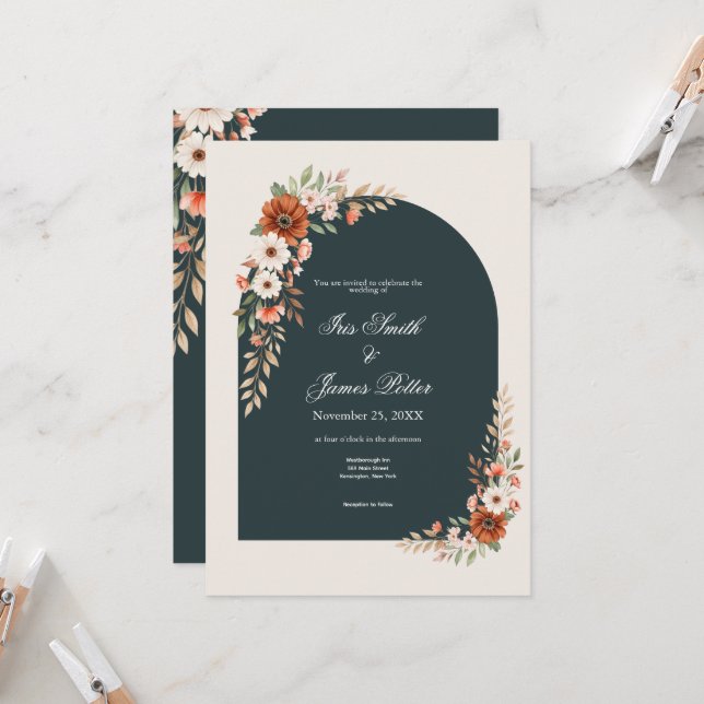 Boho-Rost und Weiße Daisy-Hochzeit Einladung (Vorderseite/Rückseite Beispiel)