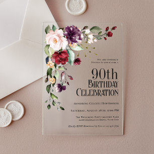 Boho-Rot-Blush-Pink und Lila 90. Geburtstag Acryleinladungen