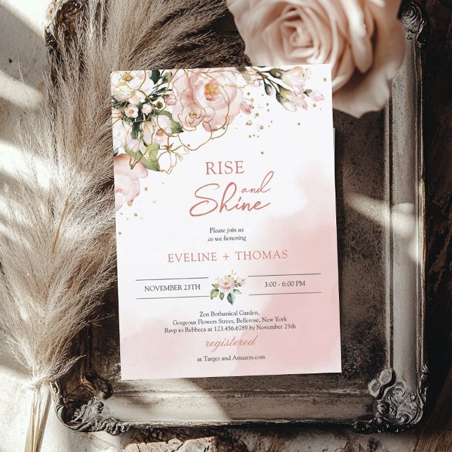 Boho rot Rosa Blütengold Aufstieg und Glanz Hochze Einladung (Boho blush pink floral gold rise and shine wedding invitation)