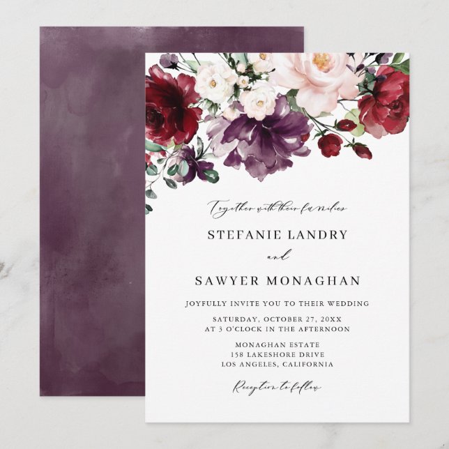 Boho Rot und Lila Wasserfarben Blume Hochzeit Einladung (Vorne/Hinten)