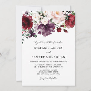 Boho Rot und Lila Wasserfarben Blume Hochzeit Einladung