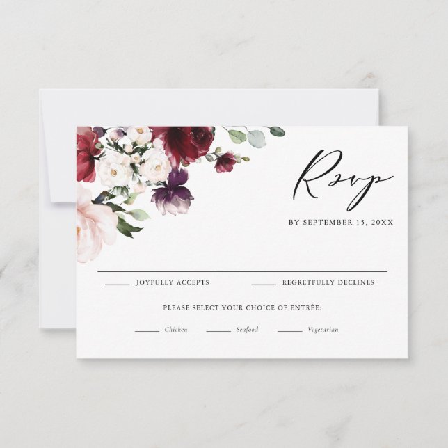 Boho Rot und Lila Wasserfarben Blume Hochzeit RSVP Karte (Vorderseite)