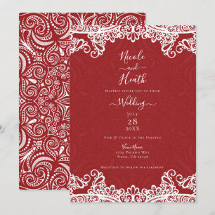 Boho Rot & Weiß Spitze Kühnes Muster Hochzeit Einladung