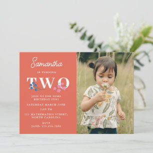 Boho Rote Blumen-Wildblumen Kinder Foto Geburtstag Einladung
