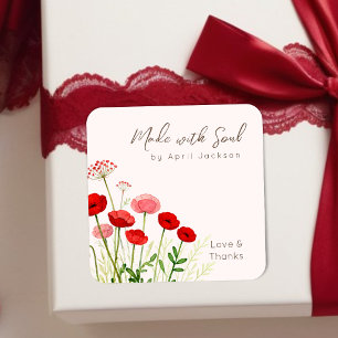 Boho Rote Mohnblumen Feld Aquarell Blumen TMF26 Quadratischer Aufkleber
