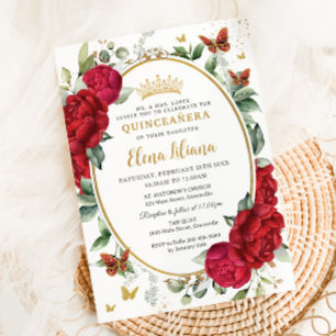 Boho Rote Pfingstrosen Florale Schmetterlinge Quin Einladung