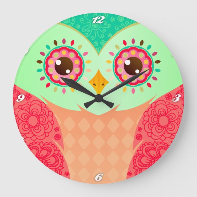 Boho rote u. grüne Eule Große Wanduhr (Vorderseite)