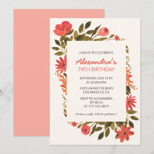 Boho Rotes Blumenaquarell zum 74. Geburtstag Einladung