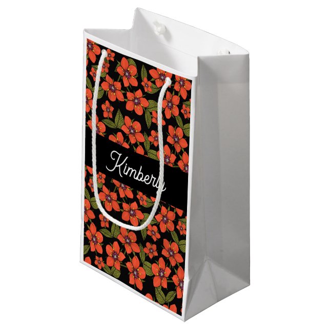 Boho rotes Blumenmuster Geschenktasche Kleine Geschenktüte (Vorderseite Schrägansicht)