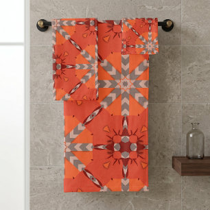 Boho-rotes-orange-graues-ethnisches-volkskunst-geo Badhandtuch Set