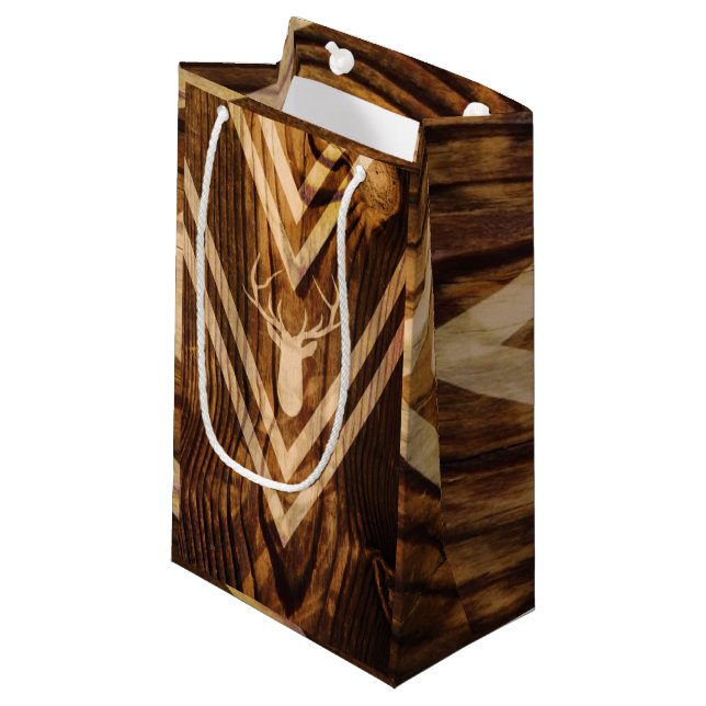 Boho Rotwild auf rustikalem Holz Kleine Geschenktüte (Vorderseite Schrägansicht)