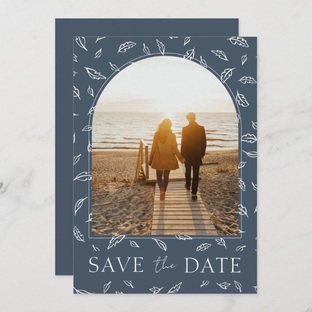 Boho Royal Blue Opulence Blätter Foto Wedding Save The Date (Vorne/Hinten)