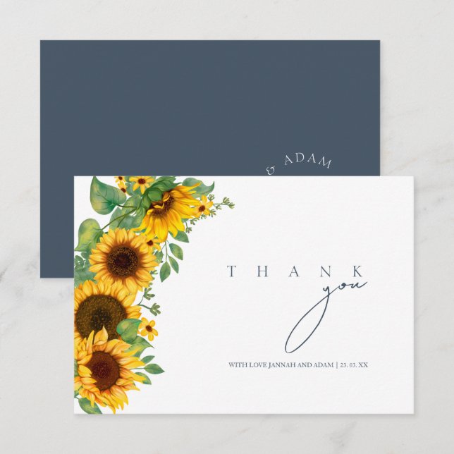 Boho Royal Blue Opulence Sunflower Wedding Dankeskarte (Vorne/Hinten)