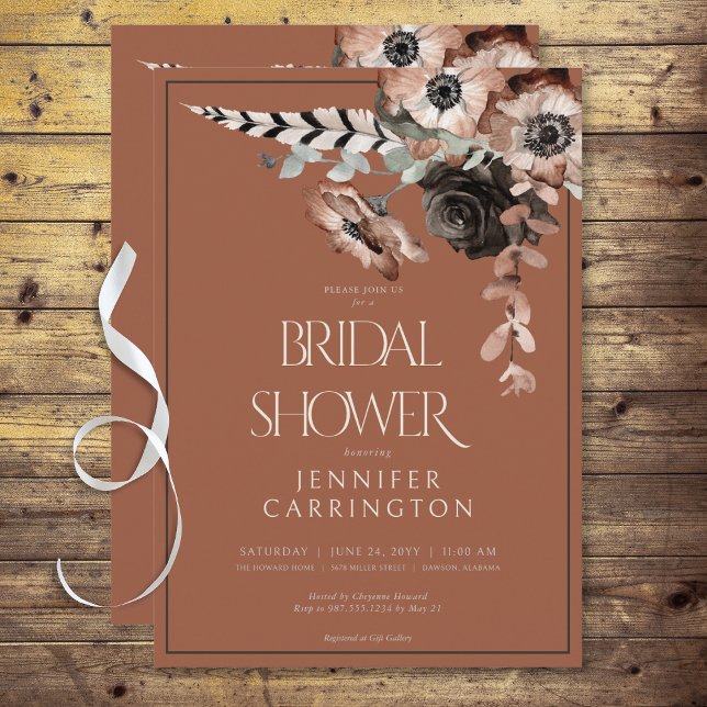 Boho Rust Black & White Blume Brautparty Einladung (Boho Rust Black & White Flowers Bridal Shower Invitation)
