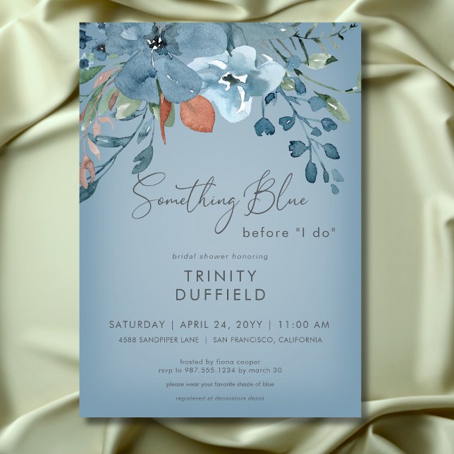 Boho Rust Blue Floral Etwas Blue Brautparty Einladung (Boho Rust Blue Floral Something Blue Bridal Shower Invitation)