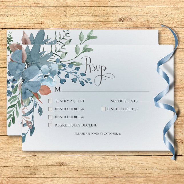 Boho Rust & Blue Floral Hochzeit Weißes Abendessen RSVP Karte (Boho Rust & Blue Floral Wedding White Dinner RSVP Card)