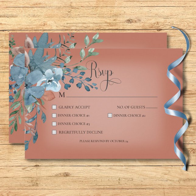 Boho Rust & Blue Floral Hochzeitsmahl RSVP Karte (Boho Rust & Blue Floral Wedding Rust Dinner RSVP Card)