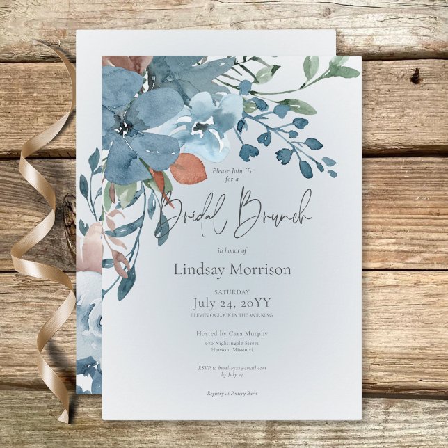 Boho Rust & Blue Floral on White Bridal Brunch Einladung (Boho Rust & Blue Floral on White Bridal Brunch Invitation)