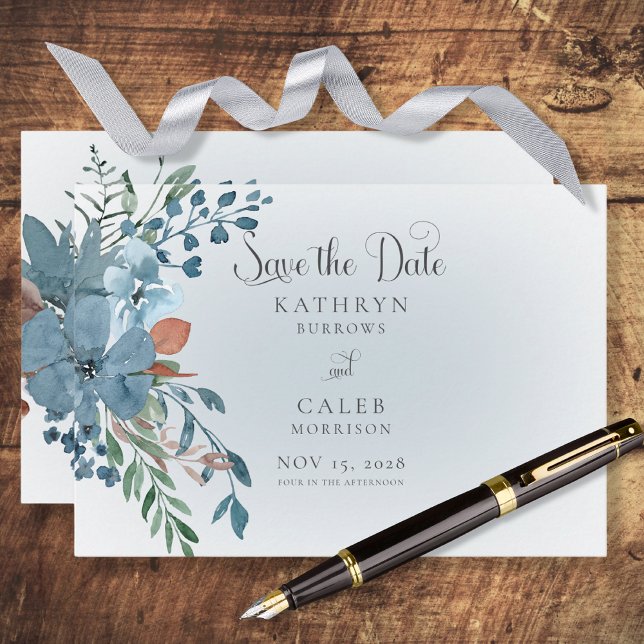 Boho Rust & Blue Floral Save the Date Card (Von Creator hochgeladen)