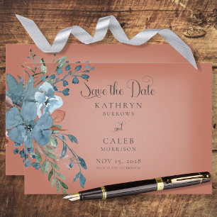 Boho Rust & Blue Floral Save the Date Card