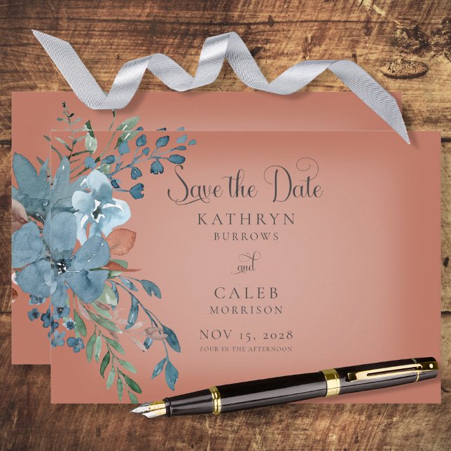 Boho Rust & Blue Floral Save the Date Card (Von Creator hochgeladen)