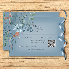 Boho Rust & Blue Floral Wedding Blue QR Code RSVP Karte