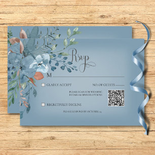 Boho Rust & Blue Floral Wedding Blue QR Code RSVP Karte