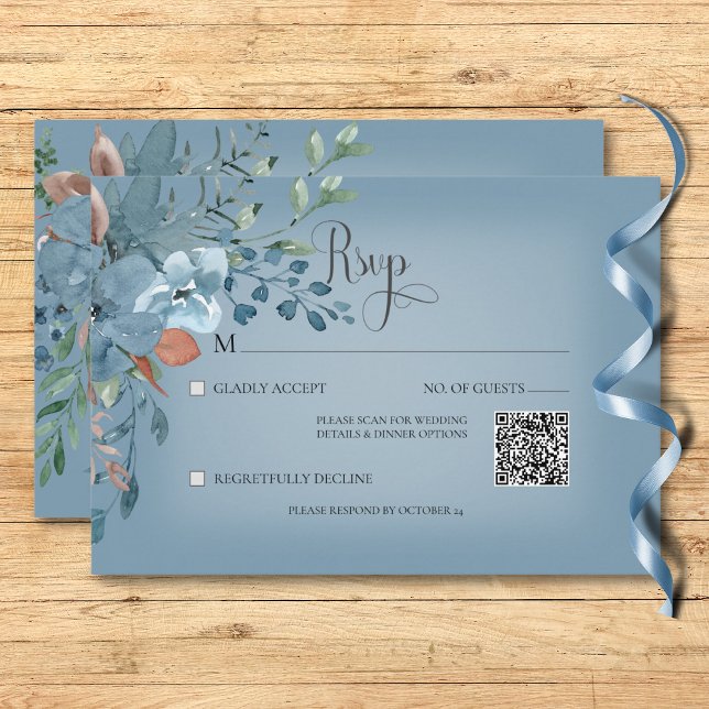 Boho Rust & Blue Floral Wedding Blue QR Code RSVP Karte (Boho Rust & Blue Floral Wedding Blue QR Code RSVP Card)