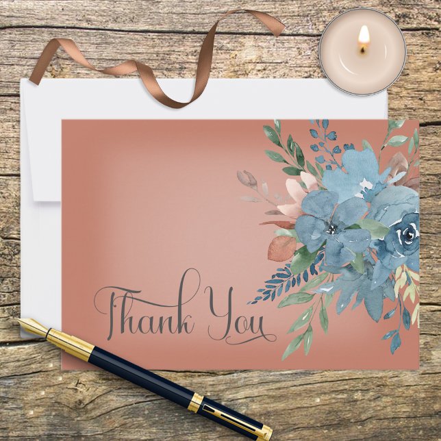 Boho Rust & Blue Floral Wedding Dankeschön Karte (Von Creator hochgeladen)