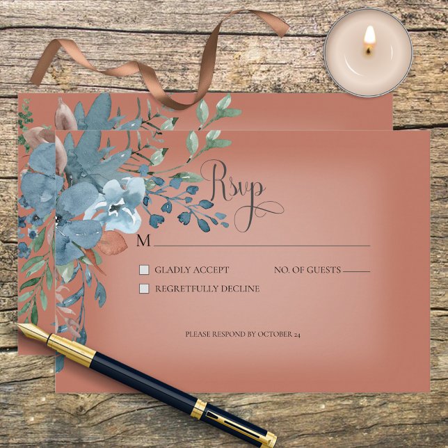 Boho Rust & Blue Floral Wedding Response Card RSVP Karte (Von Creator hochgeladen)